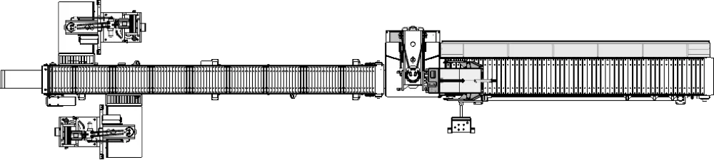 Paving stone splitting line with 1 x 150t splitter + 2 x 43t splitters - top view
