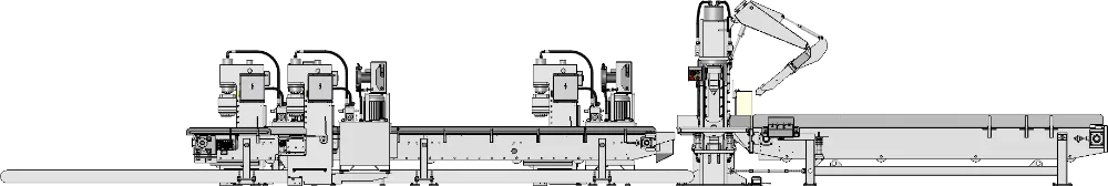 Paving stone splitting line with 1 x 150t splitter + 3 x 43t splitters - side view
