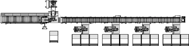 Paving stone splitting line with 1 x 150t splitter + 4 x 43t splitters - top view