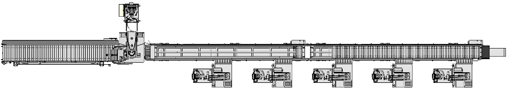 Paving stone splitting line with 1 x 150t splitter + 5 x 43t splitters - top view